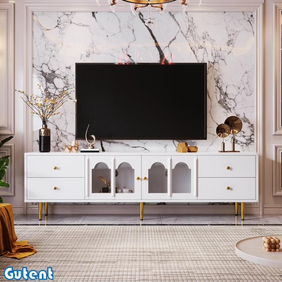 Gutent TV-meubel met laden met gebogen glazen deuren Gouden trekkers en poten Wit