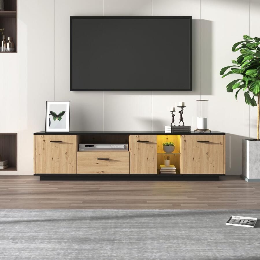 Gutent TV-meubel Zwart en Naturel Hout met één lade Drie deuren waarvan twee met glas Compacte structuur 15 variabele LED-lampen