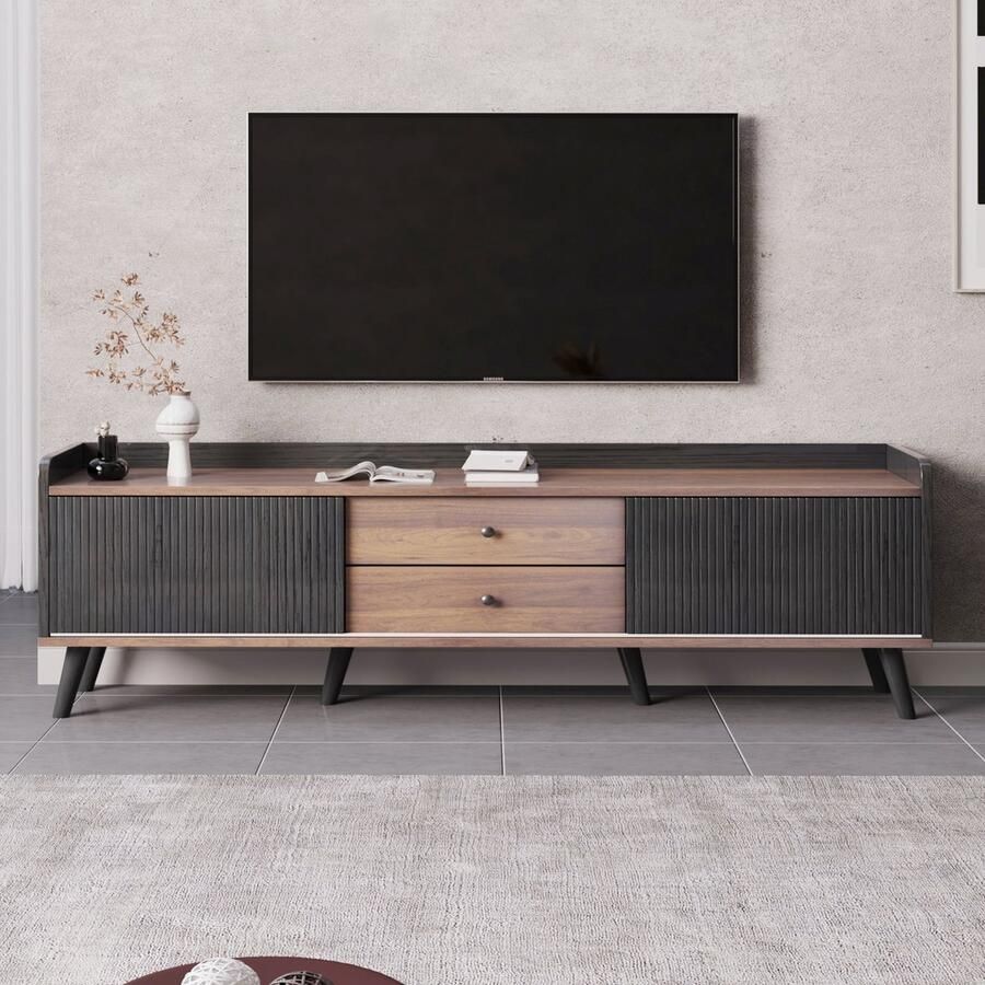 Gutent TV-meubel Zwart en Naturel hout met Twee Laden met Twee Schuifdeuren H 58 L 160 D 40 cm