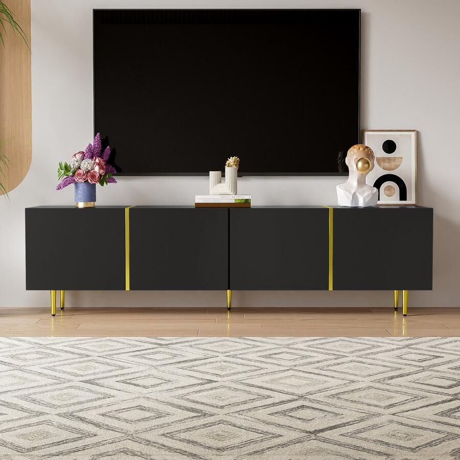 Gutent TV-meubel Zwart Hoogglans 4-deurs Design Strak en modern kleurstelling zwart en goud met opbergruimte