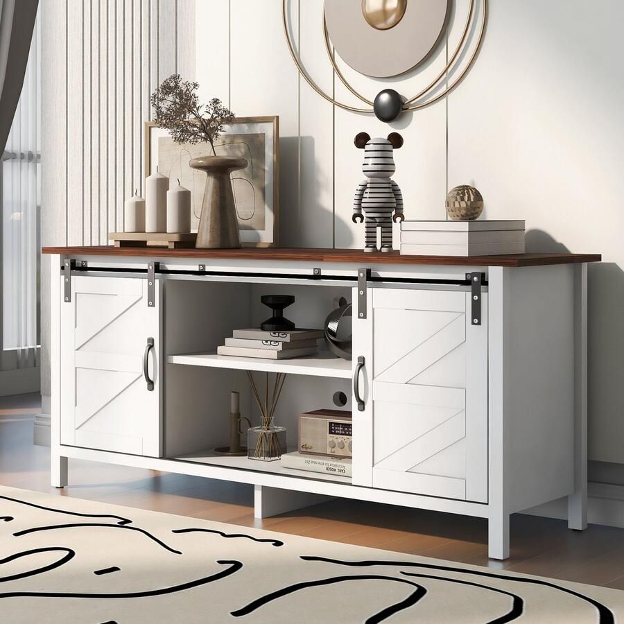 Gutent TV-standaard Wit Verstelbare Planken met 2 Schuifdeuren Lage kast 120*40*60 5 cm TV-standaard voor entertainmentcentrum woon-eetkamer dressoir