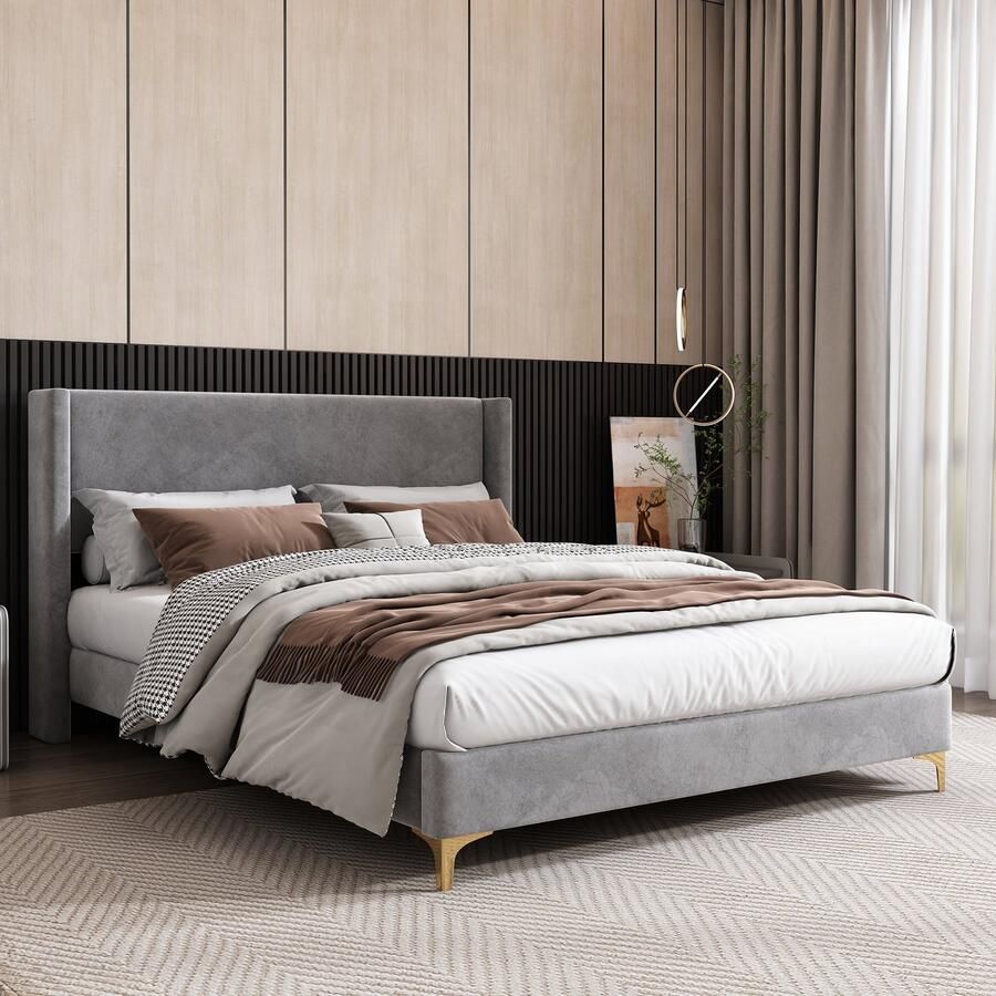 Sweiko Gestoffeerd bed Flat noedles frame bed Hoog hoofdeinde Gestoffeerd hoofdeinde 140 x 200cm Fluweel Grijs (Geen matras)