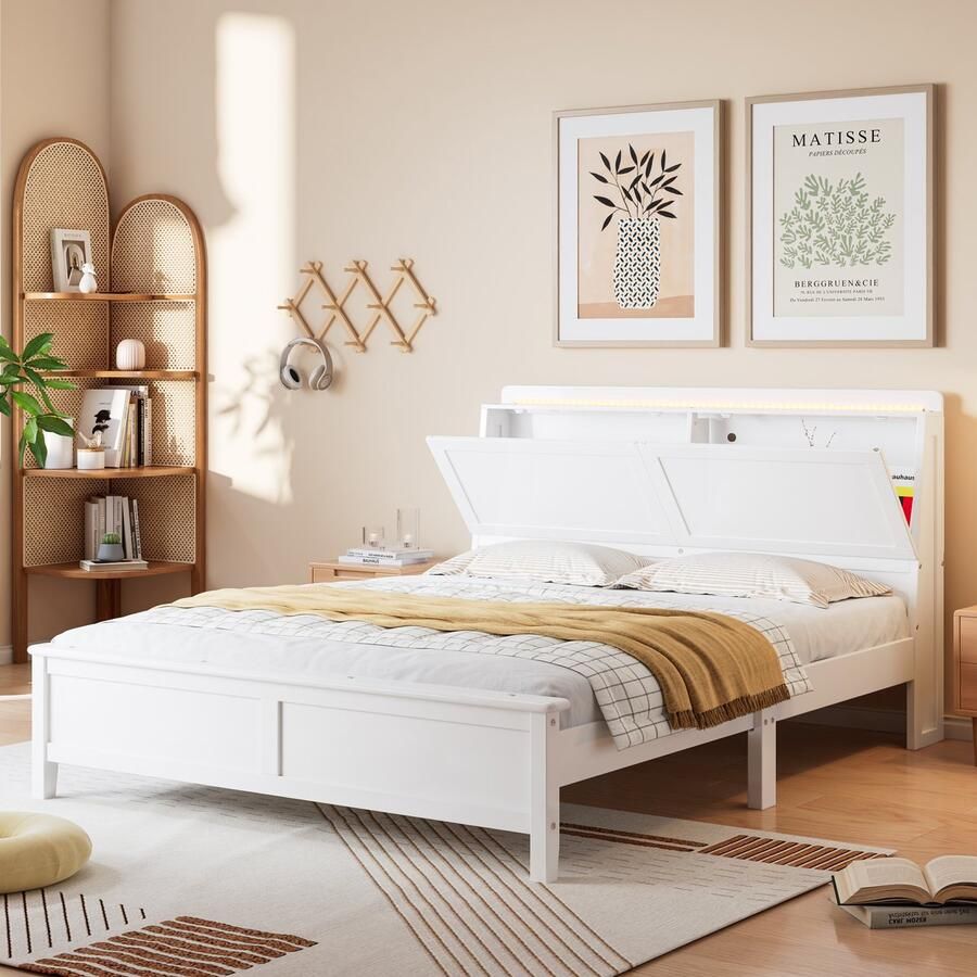 Sweiko Tweepersoonsbed Opbergvak met Vouwdeuren Ambient licht gestreept jeugd- en volwassen flatbed dennenhout+medium density vezelplaat Wit 140x200cm (Zonder matras)