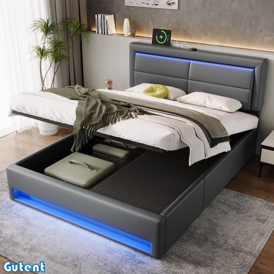 Gutent Tweepersoonsbed 140 x 190 cm LED-verlichting 3 laden Zonder matras Lychee grain PU Grijs