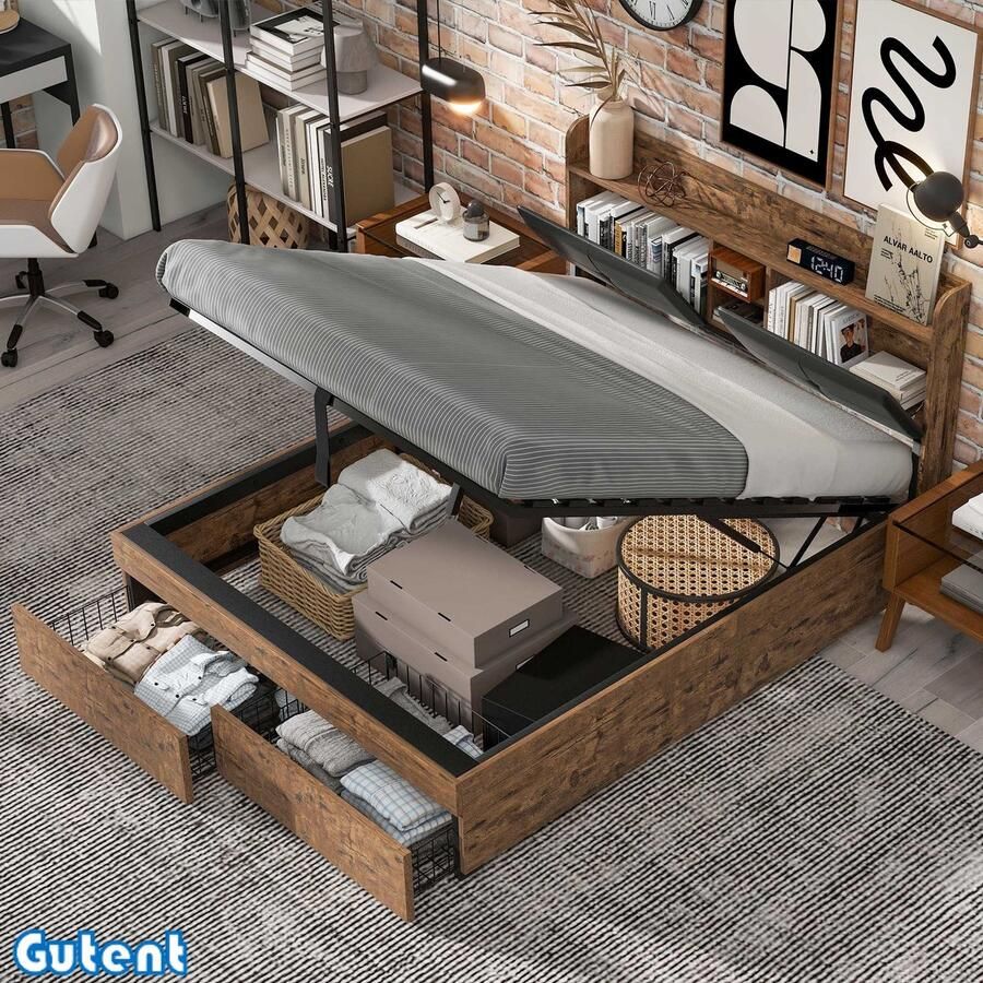 Gutent Tweepersoonsbed 140 x 200 cm Hydraulisch bed Opbergruimte Metalen frame Zonder matras Originele houtkleur + Zwart