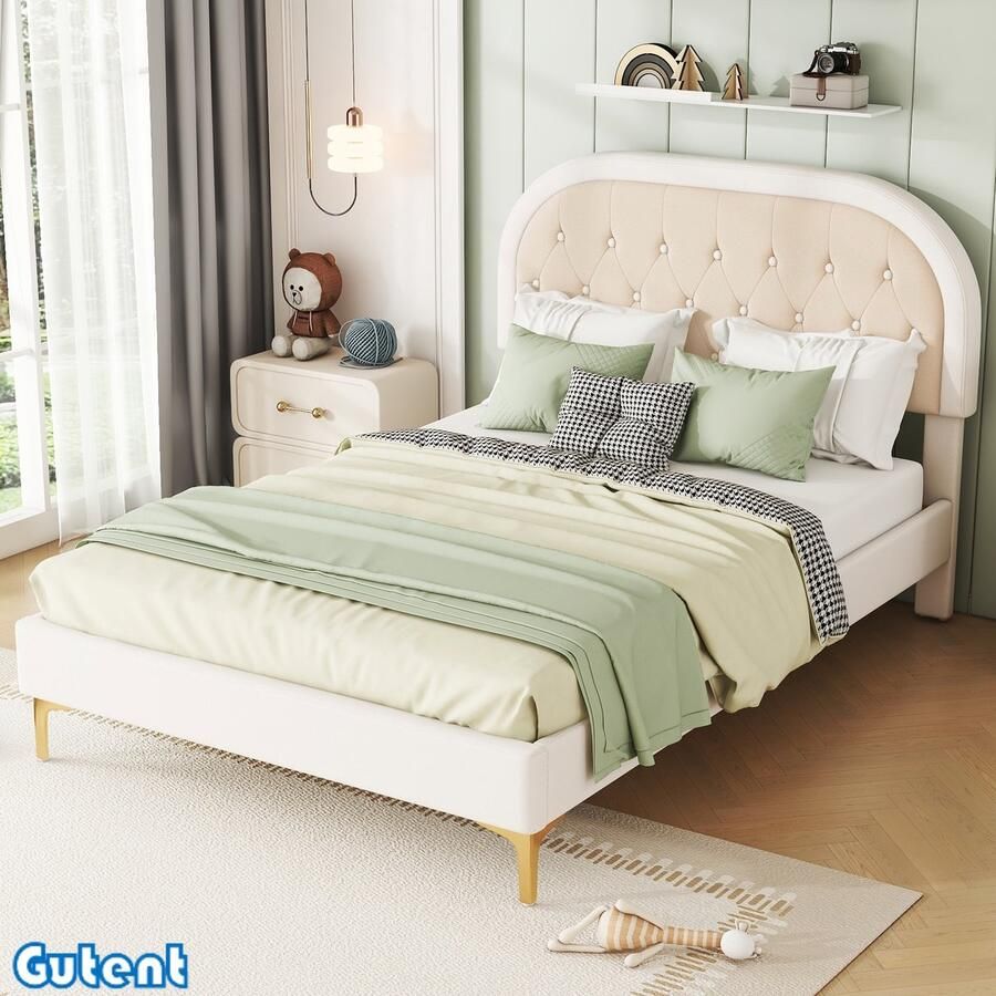 Gutent Tweepersoonsbed 140x200 cm Gebogen hoofdbord Fluweel Beige- Zonder matras