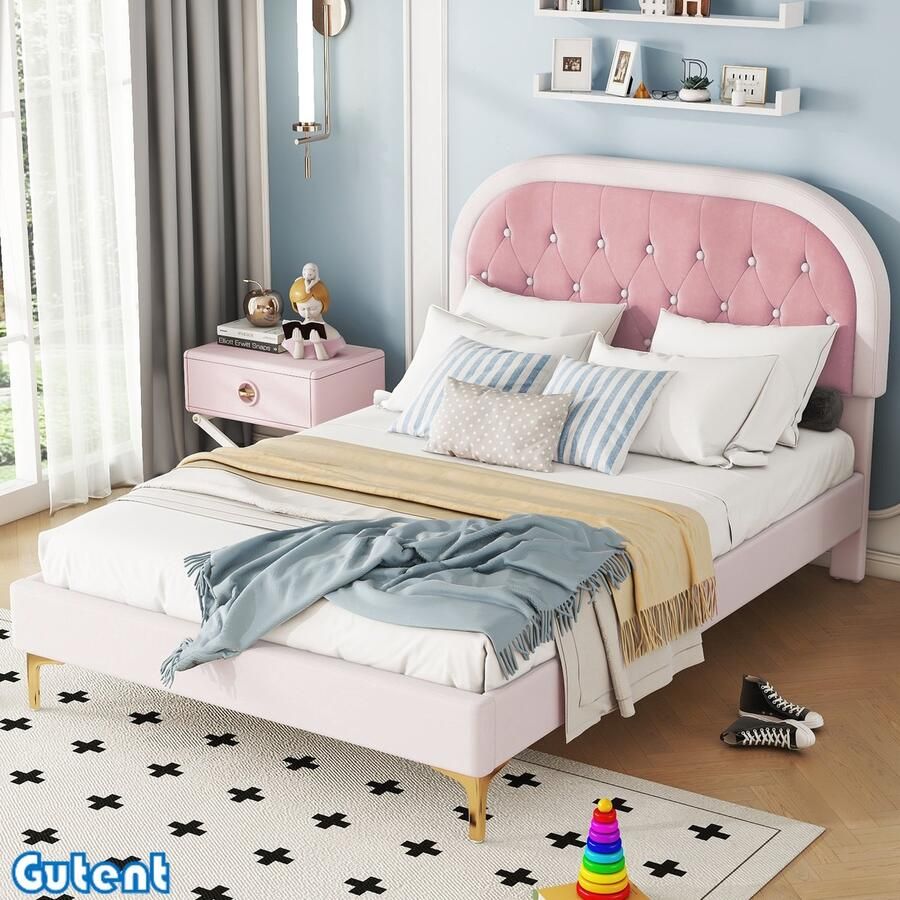 Gutent Tweepersoonsbed 140x200 cm Gebogen hoofdbord Fluweel Roze Zonder matras