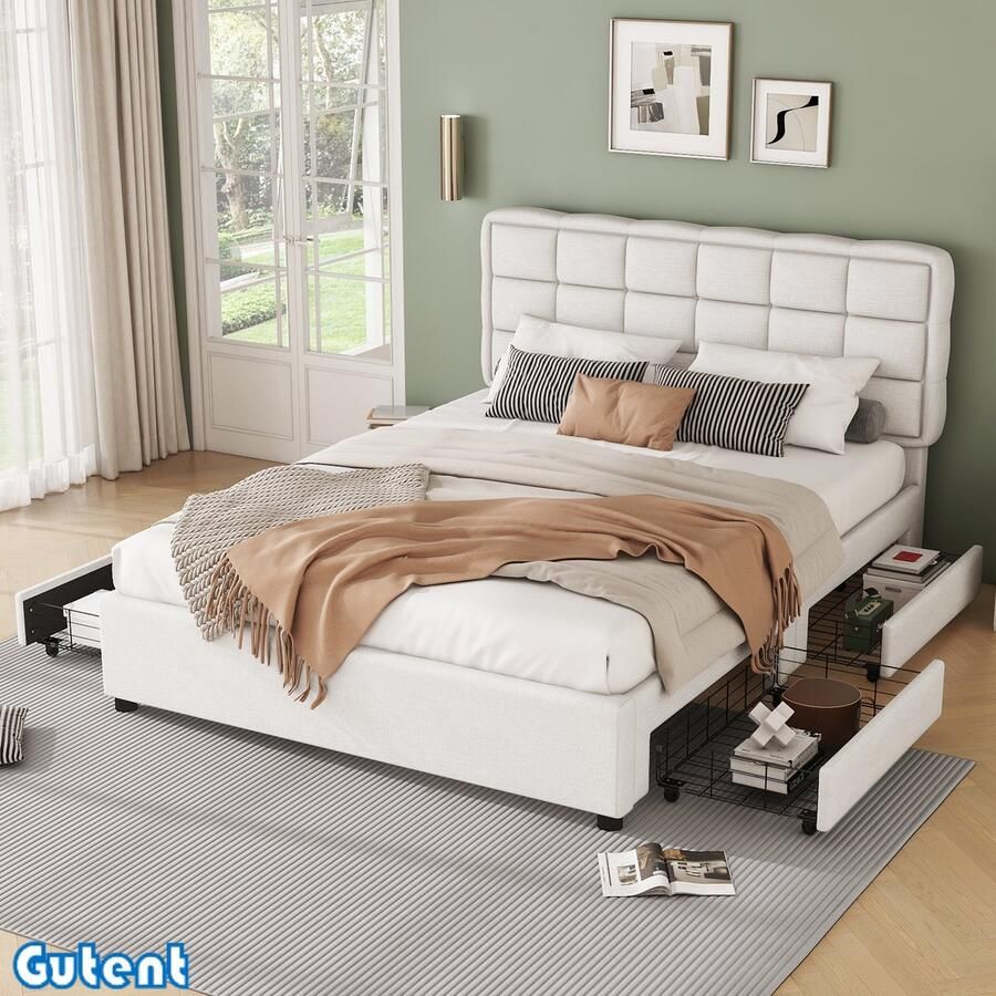 Gutent Tweepersoonsbed 140x200cm met Lattenbodem Geen matras Vier lades Linnen Beige