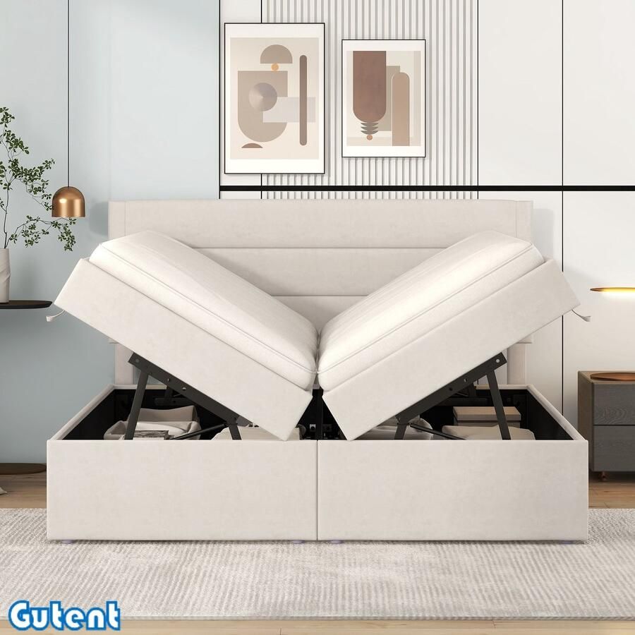 Gutent Tweepersoonsbed 140x200cm metalen frame met lattenbodem extra opbergruimte aan beide zijden te openen Beige Geen matras