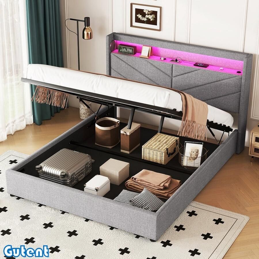 Gutent Tweepersoonsbed 160 x 200 cm Geen matras Sfeerverlichting Hydraulisch Stereo-installatie Linnengoed Grijs