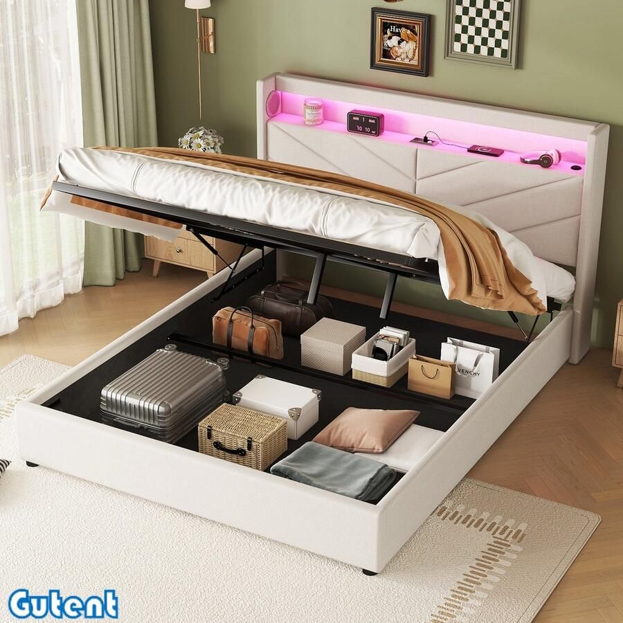 Gutent Tweepersoonsbed 160 x 200 cm Geen matras Sfeerverlichting Hydraulisch Stereo-installatie Linnengoed Beige