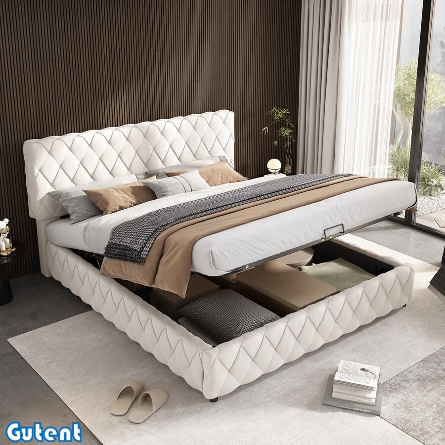 Gutent Tweepersoonsbed 160 x 200 cm Hydraulisch bed met opbergruimte Fluweel Beige Zonder matras