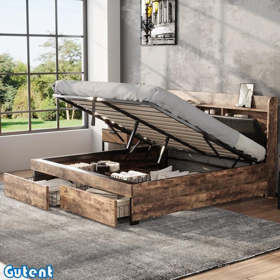Gutent Tweepersoonsbed 160 x 200 cm Hydraulisch bed Opbergruimte Metalen frame Zonder matras Originele houtkleur + Zwart