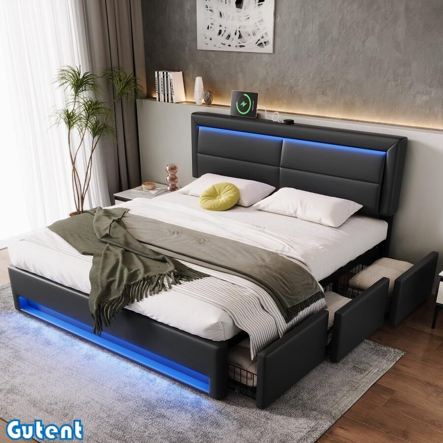 Gutent Tweepersoonsbed 160 x 200 cm LED-verlichting 3 laden Zonder matras Lychee grain PU Zwart