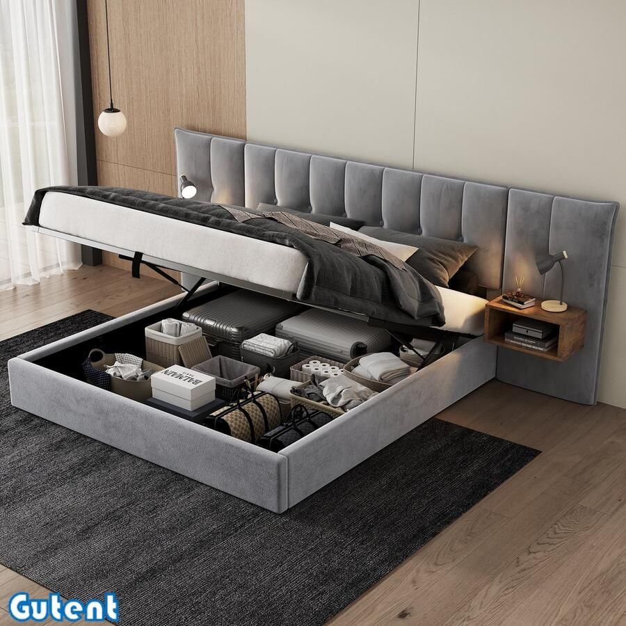 Gutent Tweepersoonsbed 160 x 200 cm met bedlampje Hydraulisch breed bed Fluweel Grijs + Bruin Zonder matras