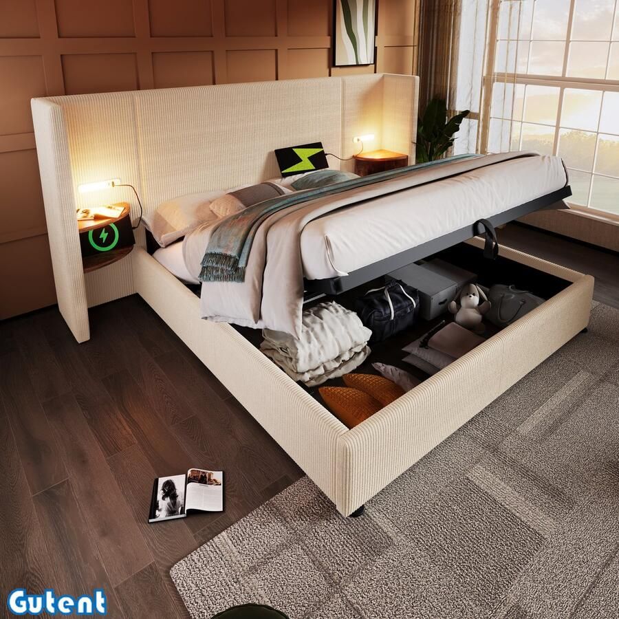 Gutent Tweepersoonsbed 160 x 200 met nachtkastje Leeslampje Oplaadfunctie Opbergruimte Beige Ribfluweel stof Geen matras