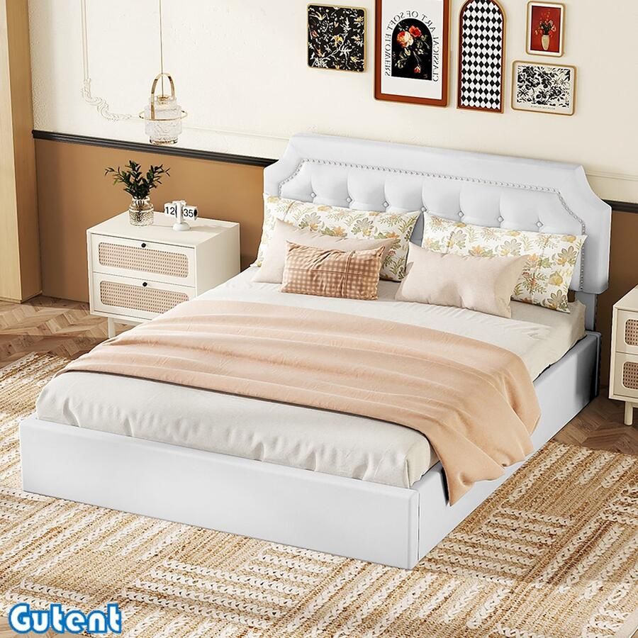 Gutent Tweepersoonsbed-160*200 cm-Hydraulisch Tweepersoonsbed-Wit-Geen Matras