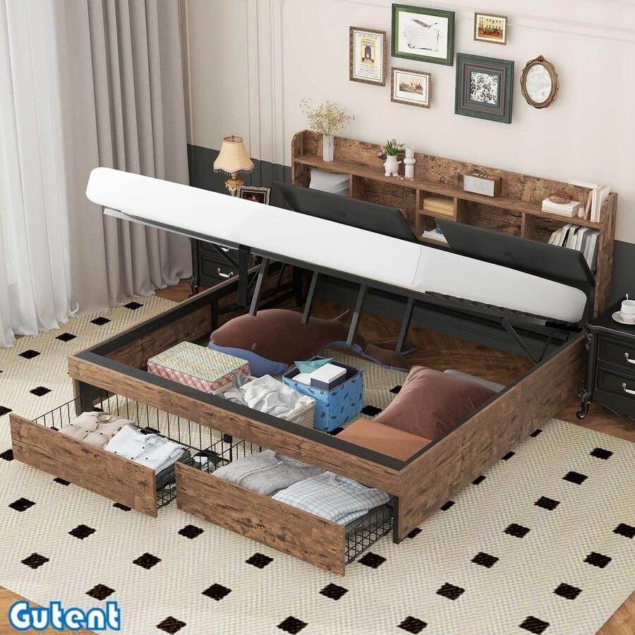 Gutent Tweepersoonsbed 180 x 200 cm Hydraulisch bed Metalen lattenbodem Originele houtkleur + Zwart Geen matras