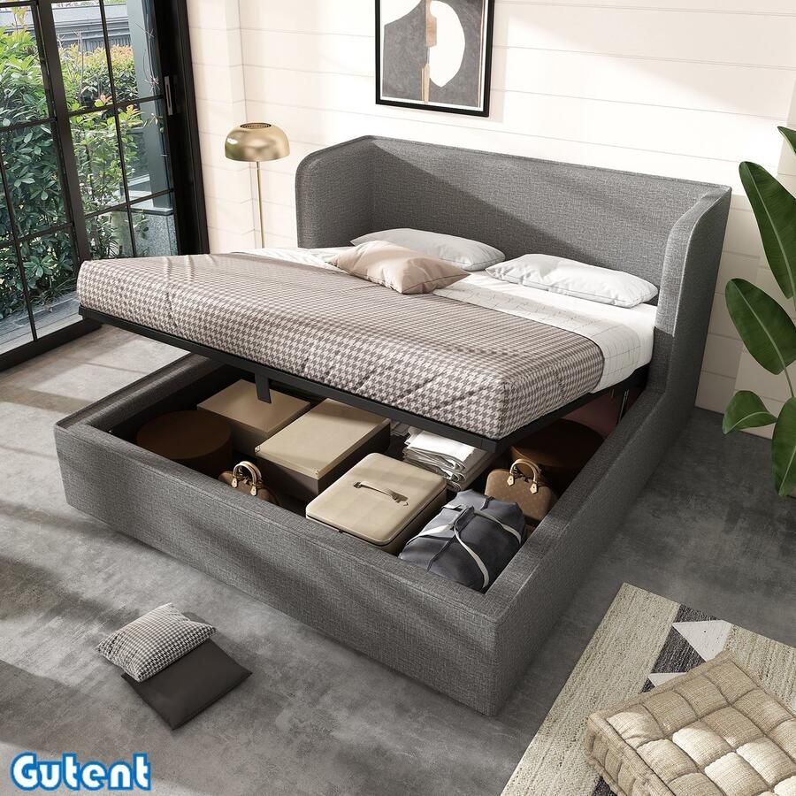 Gutent Tweepersoonsbed-180×200cm-Hydraulisch Opbergbed-Verwijderbare Bedframehoes-Linnen-Grijs-Geen Matras