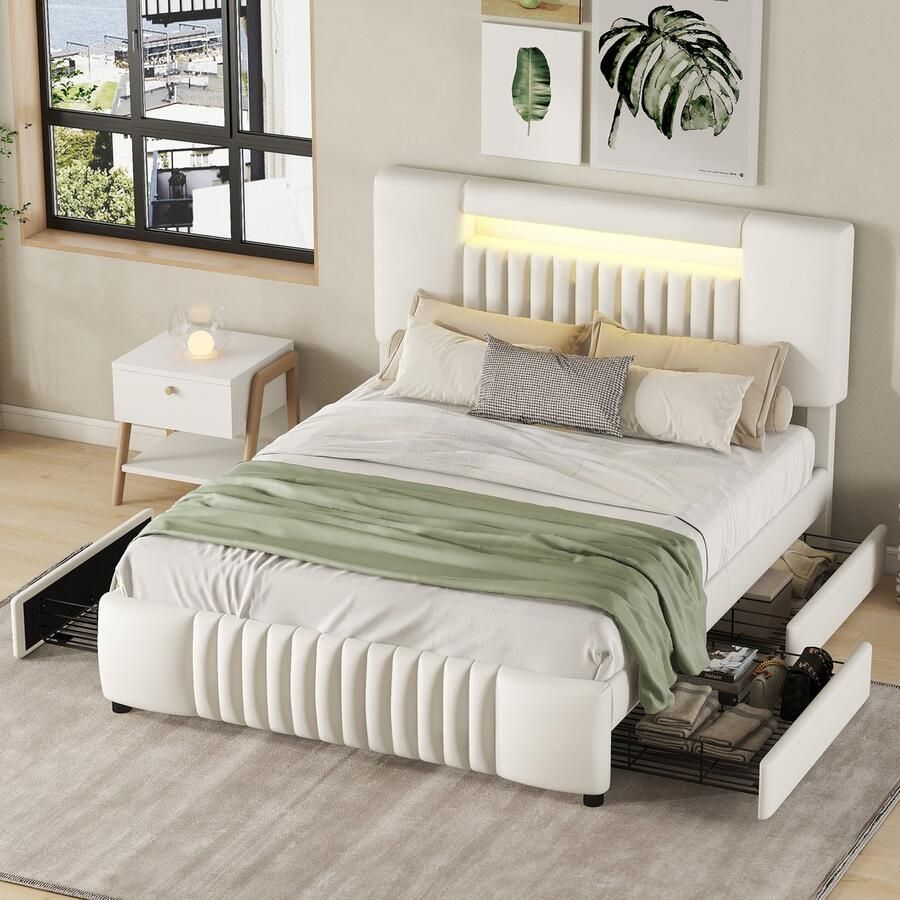 Gutent Tweepersoonsbed Beige (Zonder matras) 140 x 200 cm Gestoffeerd met vier laden met licht