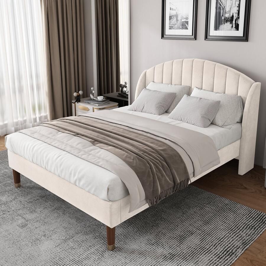 Gutent Tweepersoonsbed Beige(Zonder matras) 140*200 cm met Lattenbodem en Hoofdeinde Fluweel Gemakkelijk te monteren voor volwassenen en tieners