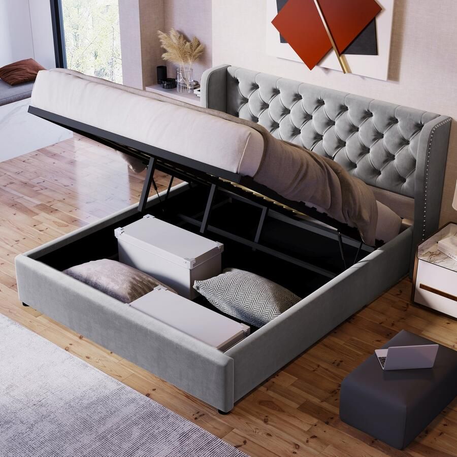 Gutent Tweepersoonsbed Grijs (Zonder matras) 140*200 cm Oorvormig Fluweel Grote Knoopnaden met lattenbodem en opbergruimte de bodem van het bed bedekt met een zwarte vlekbestendige vliesstof