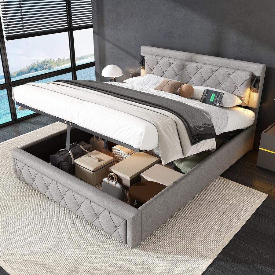 Gutent Tweepersoonsbed Grijs (Zonder matras) 160*200 cm met Downlights en USB-poort met lattenbodem en gestreept hoofdbord opbergbed hydraulisch houten lattenbodem linnengoed