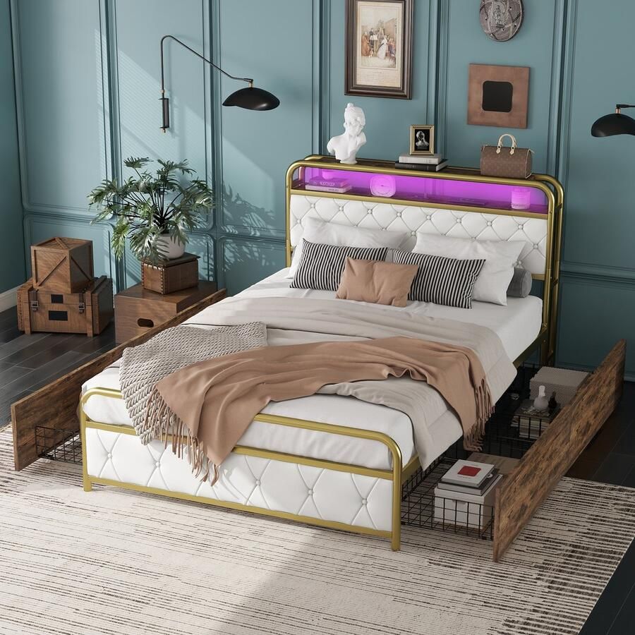 Gutent Tweepersoonsbed ijzeren bed 140*200 cm met licht met USB-aansluiting met 4 laden zwarte ruiten aan het hoofd- en voeteneind van het bed Goud