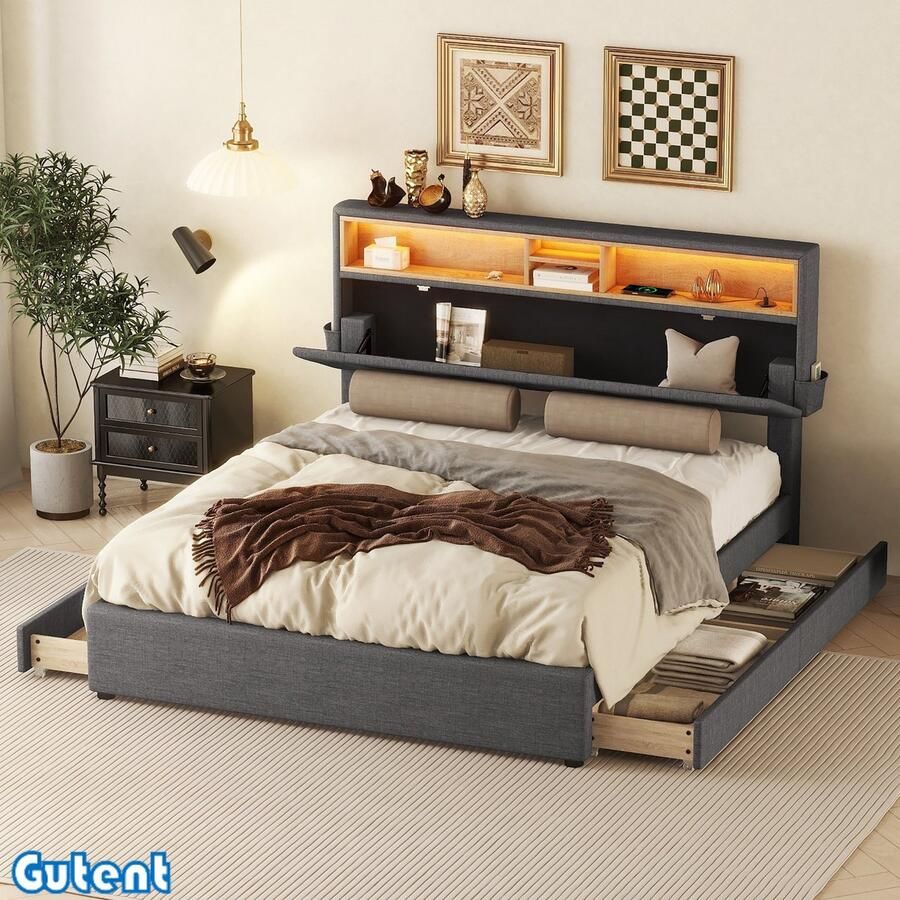 Gutent Tweepersoonsbed LED-verlichting Vier laden Verstelbaar hoofdeinde Grijs 140 x 200 cm Zonder matras