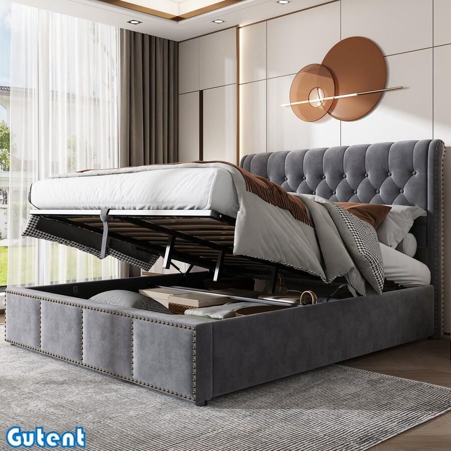 Gutent Tweepersoonsbed met hydraulische rails Opbergruimte Rivet decoratie 140 x 200 cm Zonder matras Fluweel Grijs