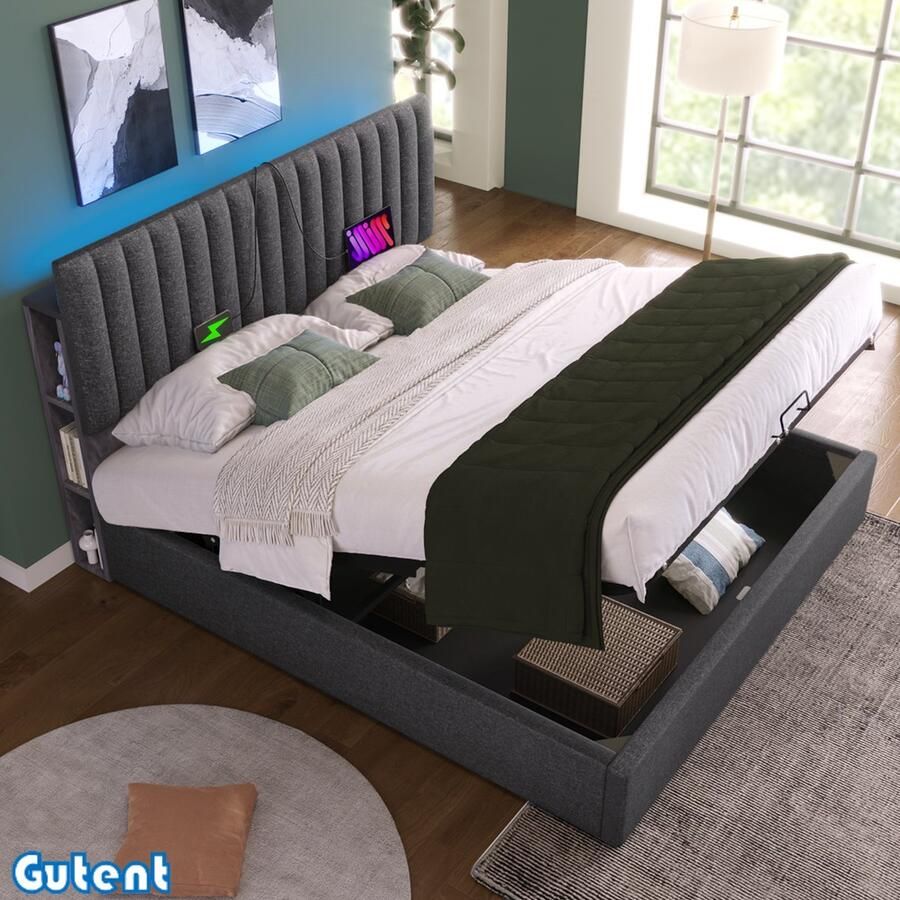 Gutent Tweepersoonsbed Oplaadfunctie Opbergruimte Verstelbaar hoofdeinde 140x200 cm Grijs Zonder matras