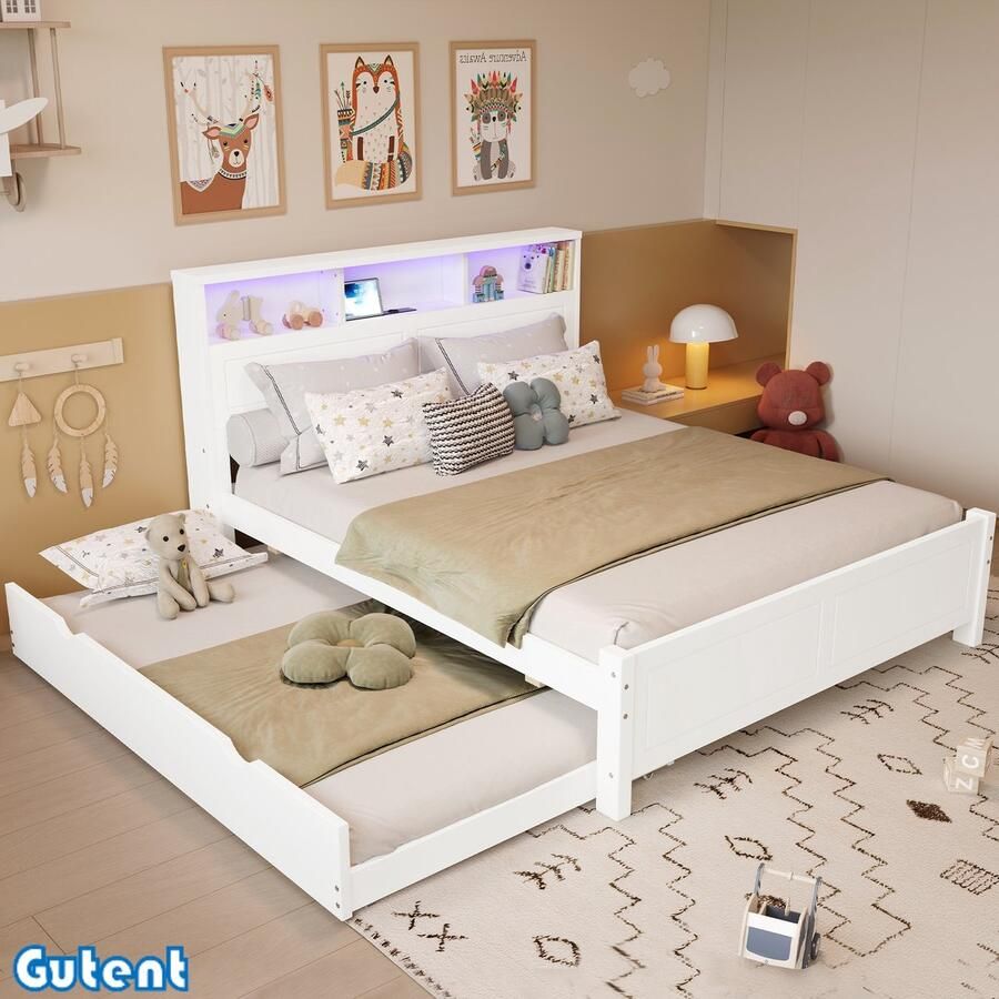 Gutent Tweepersoonsbed Patchwork bed Met sfeerlichtlijst Ingebouwd stopcontact Met uitschuifbaar bed Dennenhouten bedframe MDF Wit 120x200&90*190cm Geen matras