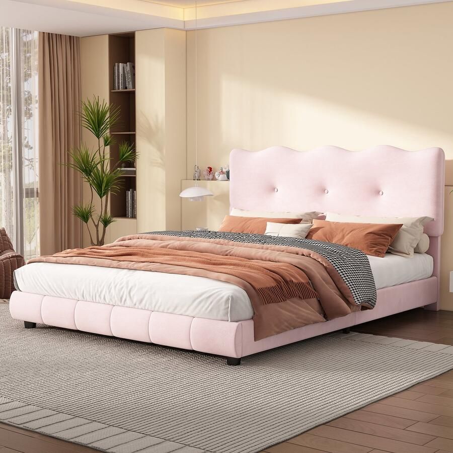 Sweiko Gestoffeerd bed 140 x 200cm Hoofdeinde Golven en wolken Verstelbaar hoofdeinde Fluweel bed met Flat noedles frame (zonder matras) minimalistisch Roze