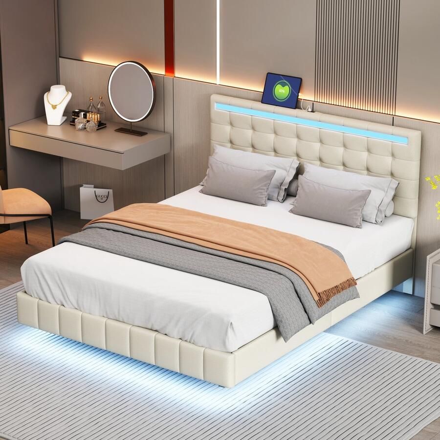 Gutent Tweepersoonsbed (Zonder matras) 140 x 200 cm met LED-verlichting en Hoofdeinde Zwevend ontwerp Linnen stof Beige kleur