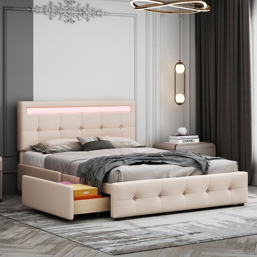 SONNENH Gestoffeerd bed 140 x 200 cm met LED lattenbodem & bedkast op wielen eenpersoonsbed met hoofdeinde & 4 laden huidvriendelijk linnenoppervlak kinderbed jeugdbed logeerbed beige (zonder matras)