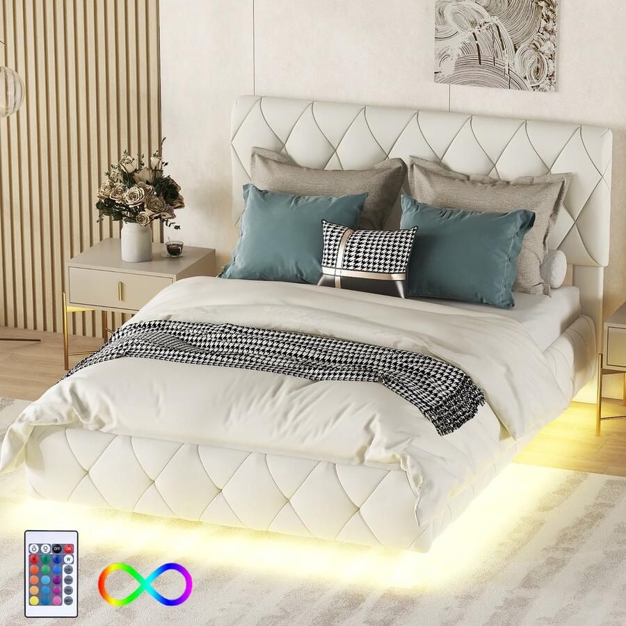 Gutent Tweepersoonsbed (Zonder matras) 140 x 200cm Gestoffeerd Zwevend bed met lichtlijst Beige