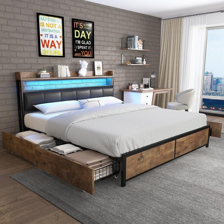 Gutent Tweepersoonsbed (Zonder matras) 160*200cm LED-verlichting met 4 laden met opbergfunctie PU Zwart