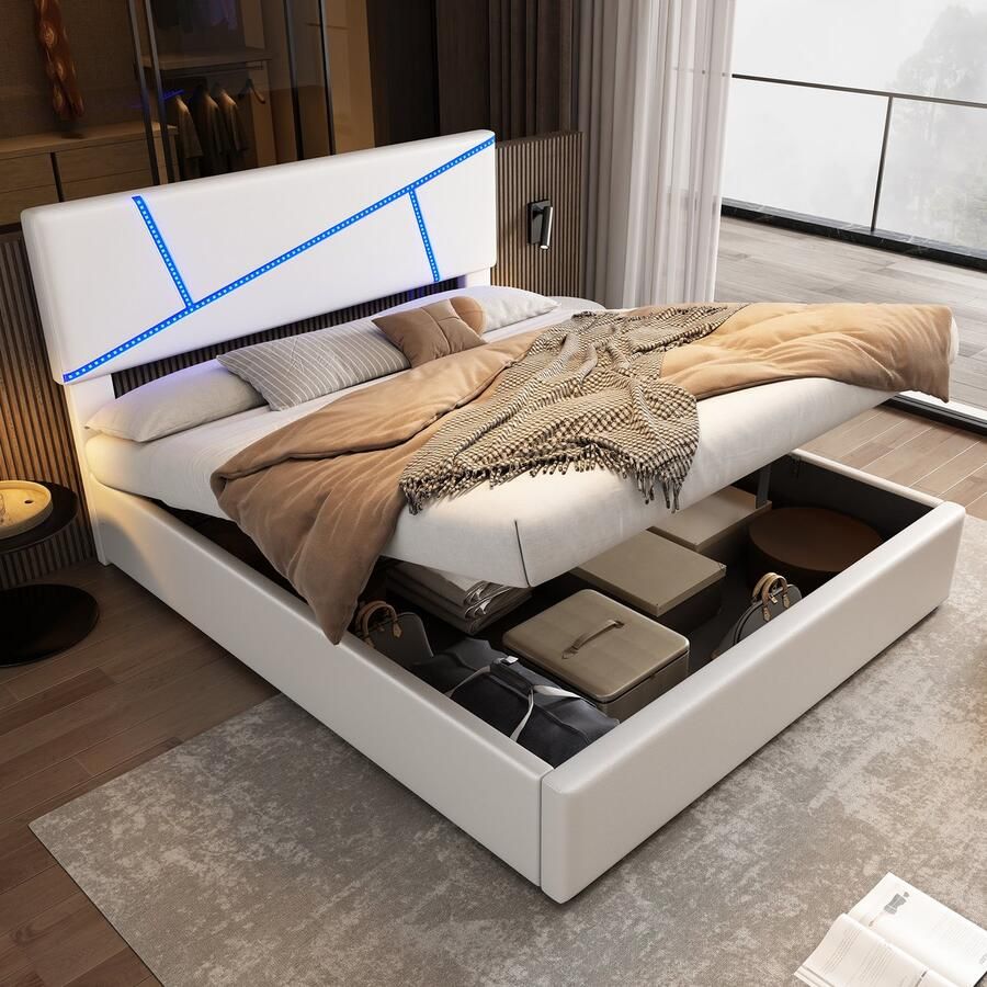 Gutent Tweepersoonsbed (Zonder matras) LED-verlichting 160*200 cm Hydraulisch functioneel bed Kunstleer Wit