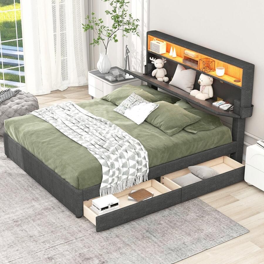 Gutent Tweepersoonsbed (Zonder matras) met USB-oplader en LED-verlichting met twee laden Verstelbaar Hoofdeinde Grijs 140x200 cm