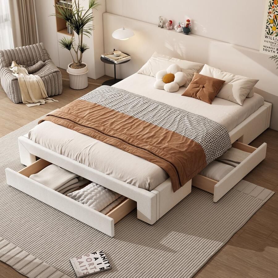 Gutent Tweepersoonsbed (Zonder matras) Plat bed 160*200 cm Drie opbergvakken Zonder hoofdeinde Beige kleur
