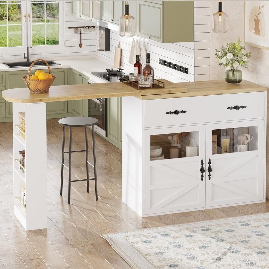 Gutent Uitschuifbare bartafel met opbergruimte (138-204 x 39 x 104 cm) 360° draaibaar met legplank Wit