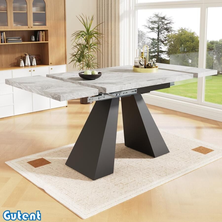 Gutent Uitschuifbare eettafel (99-159 x 74 cm)-Ruimtebesparend-Grijs tafelblad-Zwarte kolompoten