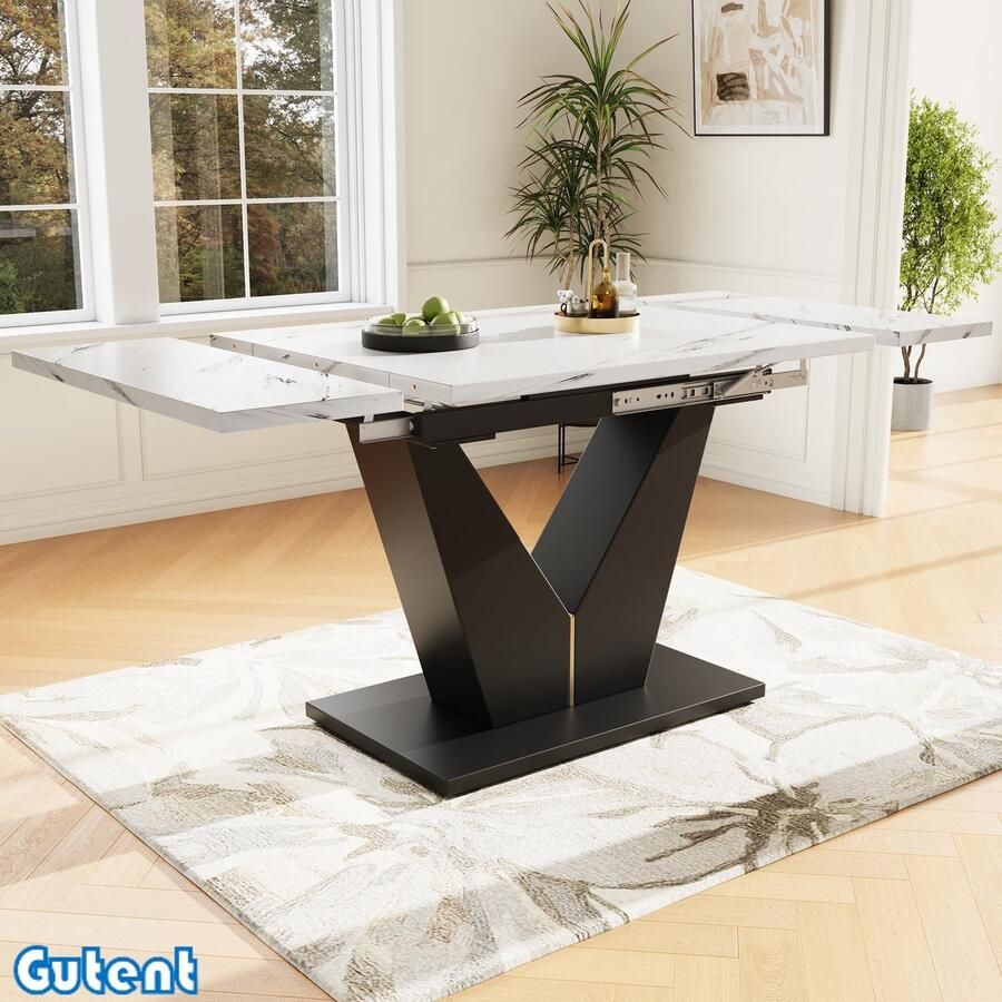 Gutent Uitschuifbare eettafel (99-159 x 75 cm)-Ruimtebesparend-Breed werkblad-Wit tafelblad-Met V-vormige decoratie