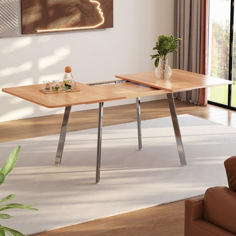 Gutent Uitschuifbare Eettafel Naturel kleur Zilver verchroomde poten 140 cm x 80 cm uitschuifbaar tot 180 cm sterke legering steunen geschikt voor 4-6 personen