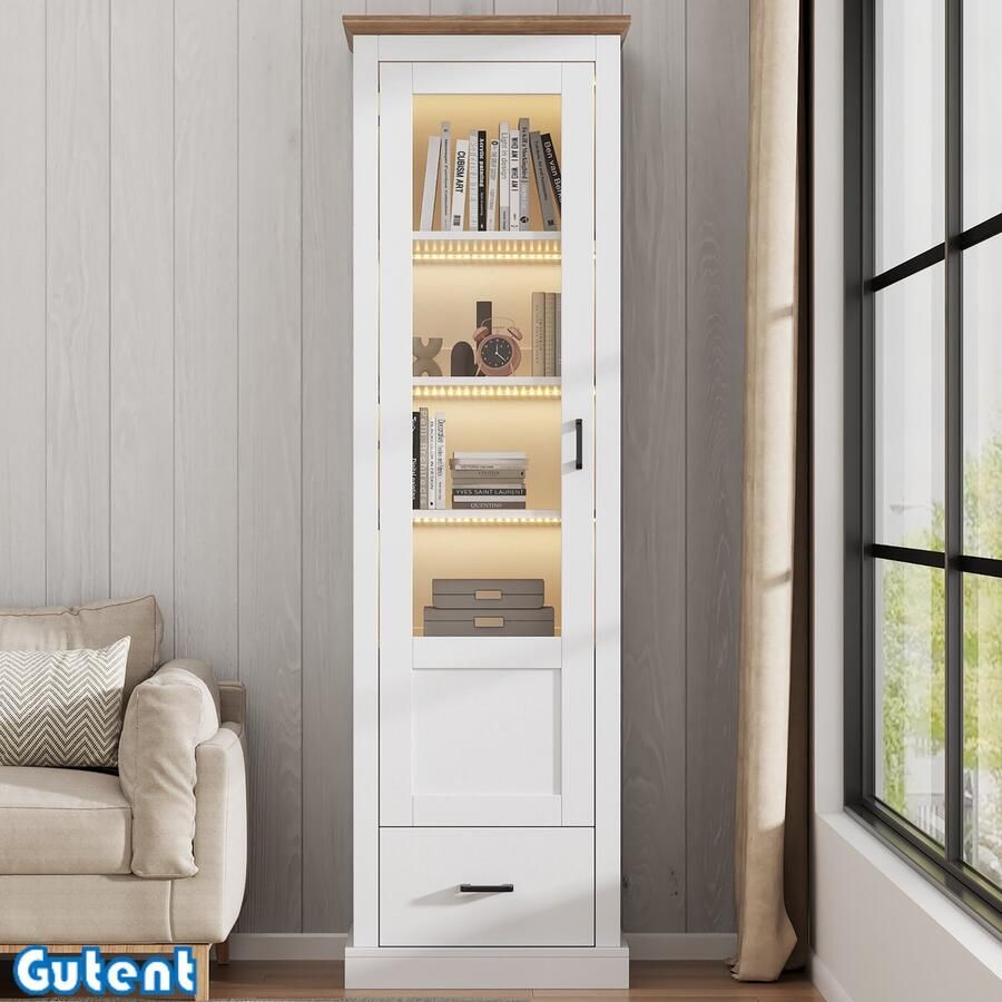 Gutent Vitrinekast LED Verlichting Wit Mat 178 cm Met USB Poort Met Houten Afwerking Glazen Vitrinekast Met Lade MDF