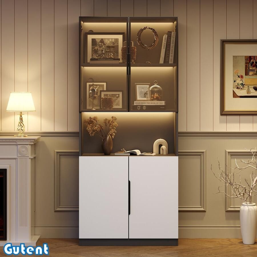 Gutent Vitrinekast Met glazen deur Met LED verlichting Witte deur Zwarte afwerking-80*30*200 cm