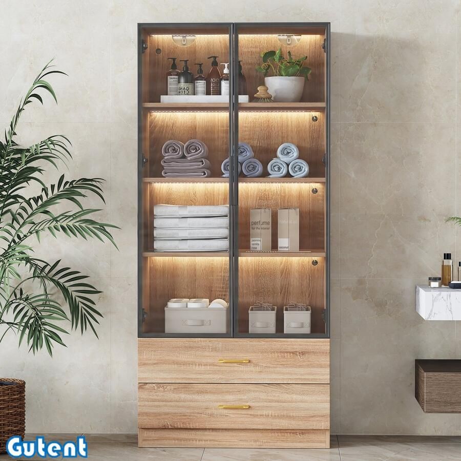 Gutent Vitrinekast met lichtlijst 75cm breed met 2 grote lades en 2 deuren glazen deuren Bruin