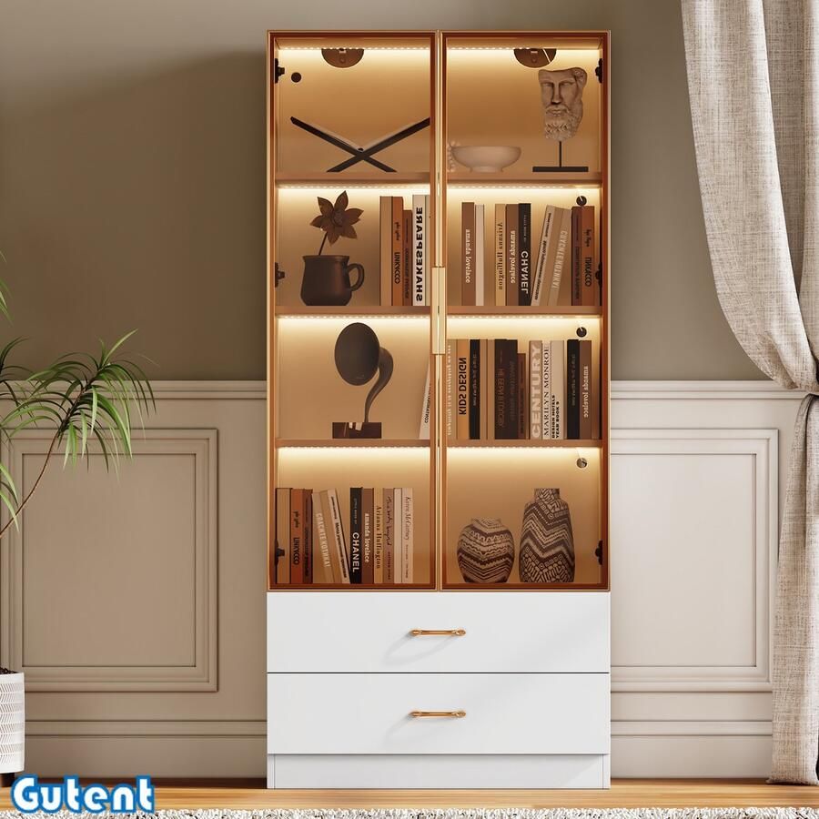 Gutent Vitrinekast met lichtlijst 75cm breed met 2 grote lades en 2 deuren glazen deuren Wit