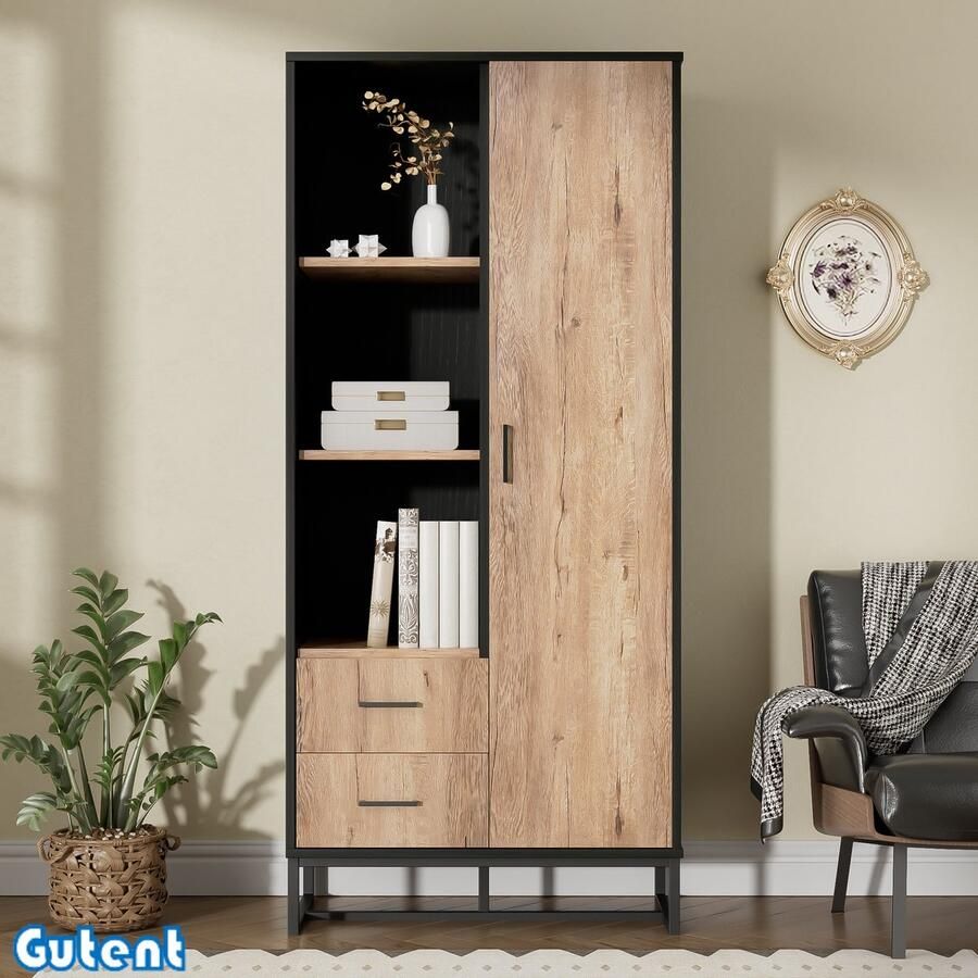 Gutent Vitrinekast Moderne hoge kast 80x40x180 cm Houten buitenkant Zwart frame Met deur 2 laden