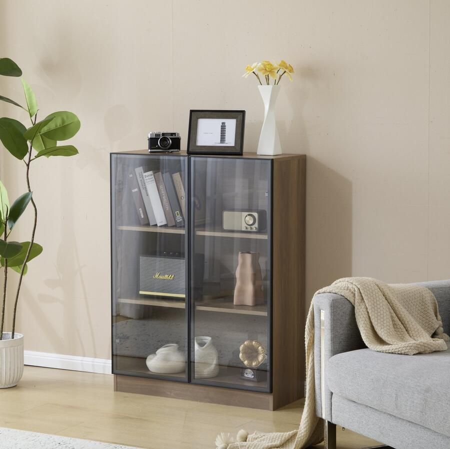Gutent Vitrinekast Natuurlijke Houtkleuren Verlichte vitrinekast zwarte vitrinekast verzamelaarsvitrinekast multifunctionele verticale vitrinekast met 4 legplanken woonkamer kast D32 H106 B80 cm